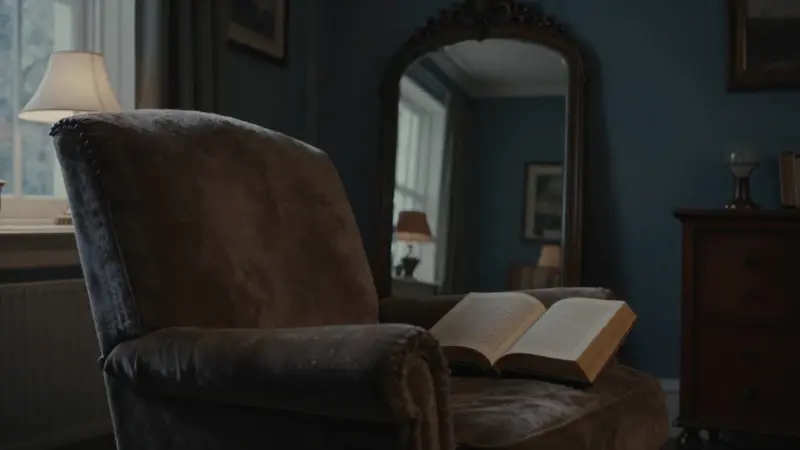 Salón cálidamente iluminado con un sillón de terciopelo frente a un espejo ornamentado. Un libro de psicoanálisis descansa en el reposabrazos, mientras el reflejo en el espejo muestra una versión distorsionada del interior de una casa.
