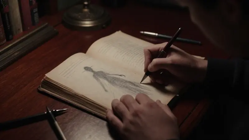 Manos dibujando una figura sombría y andrógina en un estudio antiguo tenuemente iluminado, con un libro abierto y herramientas de escritura vintage sobre un escritorio de caoba.