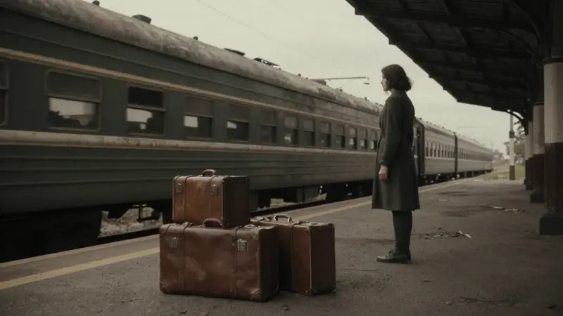 Estación de tren antigua y desolada con una mujer sola en el andén, observando la partida borrosa de un tren bajo un cielo nublado.