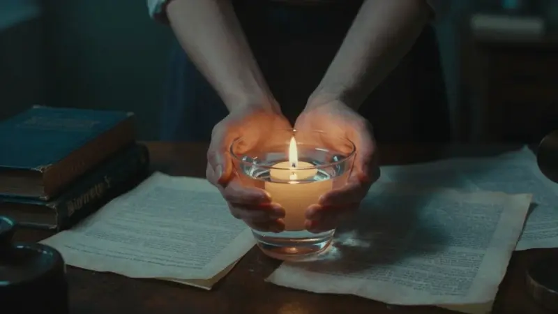 Manos sosteniendo agua clara que refleja la luz de una vela en un estudio antiguo lleno de libros de psicología y apuntes. Ambiente introspectivo con tonos azul verdoso y ámbar.