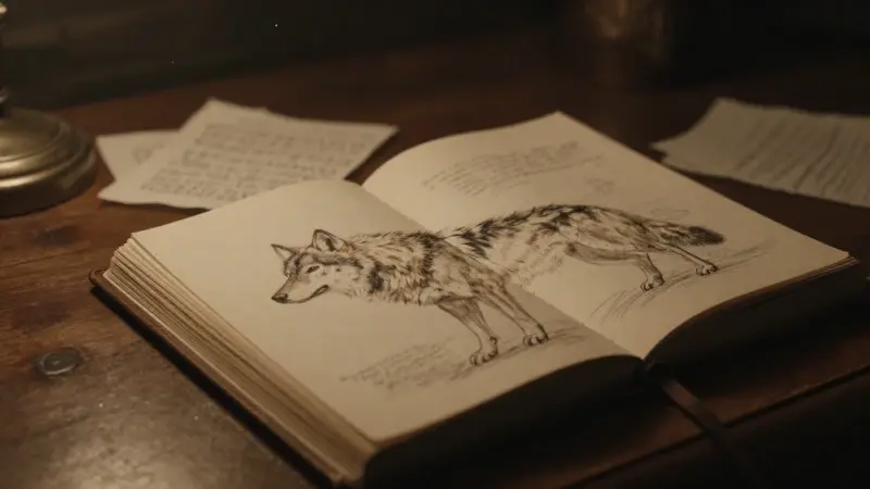 Boceto anatómico de un lobo sobre un escritorio antiguo lleno de notas sobre el análisis de sueños, evocando una atmósfera introspectiva y melancólica.