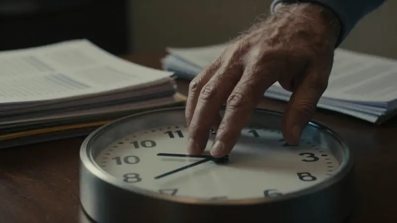 Mano envejecida tocando un reloj derritiéndose, evocando la ansiedad por el tiempo y la mortalidad, con libros de psicología desenfocados al fondo.