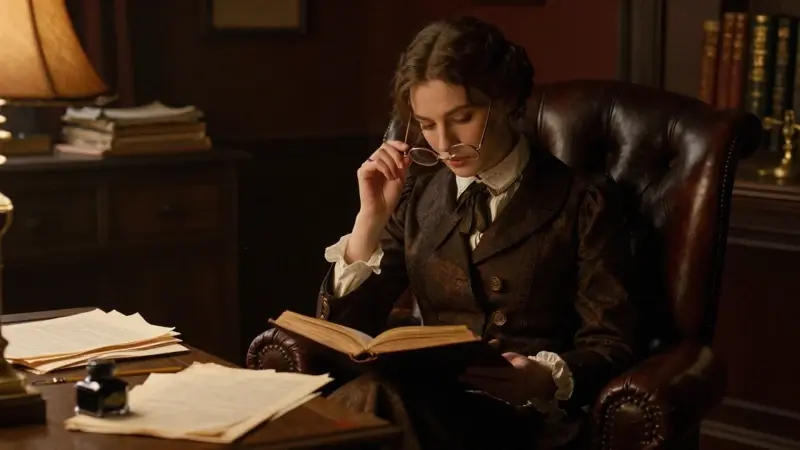 Joven mujer leyendo un libro abierto en un estudio victoriano con luz tenue, analizando sueños con una expresión contemplativa.