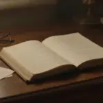 Escritorio antiguo de madera con un diario de cuero abierto, gafas antiguas y notas sobre el análisis de los sueños, evocando un ambiente de estudio melancólico a principios del siglo XX.