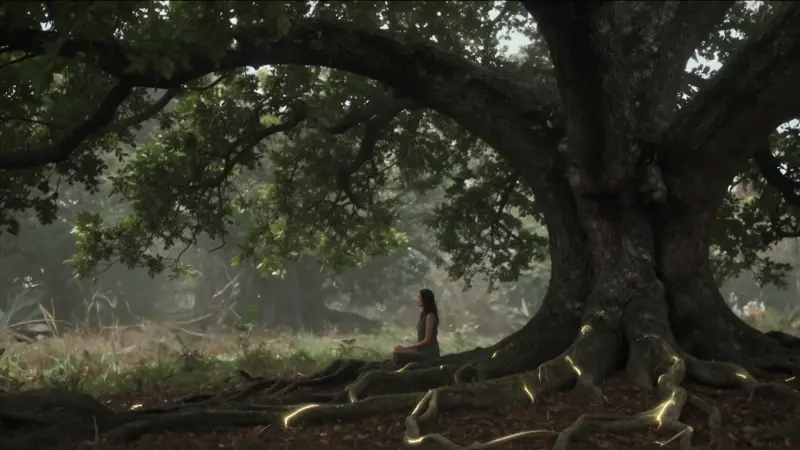 Mujer meditando bajo un antiguo roble en un bosque brumoso y onírico, con raíces luminosas y luz filtrándose entre las hojas.