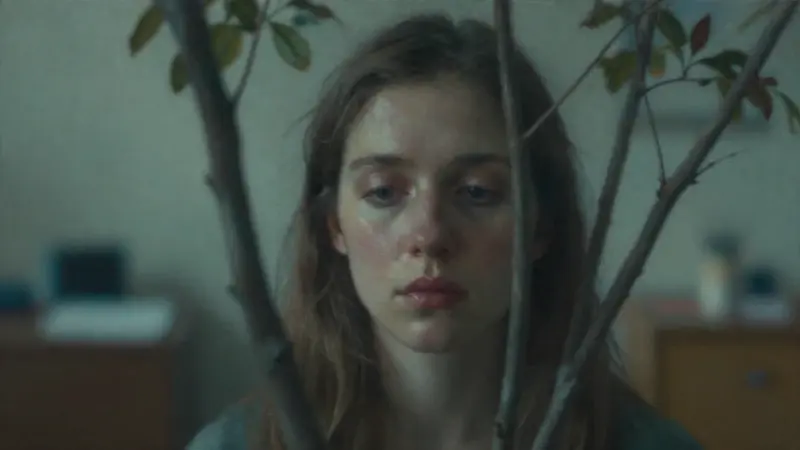Primer plano de una mujer con ramas de árbol difuminadas sobre su rostro, evocando una atmósfera melancólica e introspectiva en un entorno que recuerda a un consultorio terapéutico.
