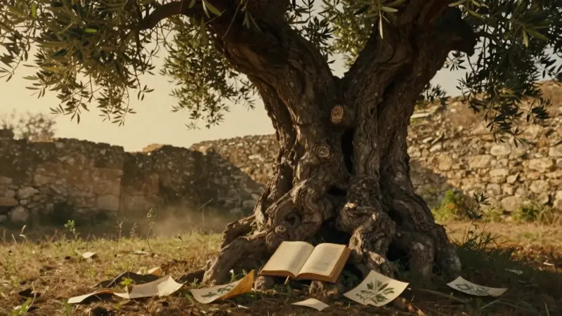 Olivo centenario y nudoso en la campiña toscana, con un muro de piedra al fondo y un libro abierto entre sus raíces, iluminado por la luz dorada del atardecer.