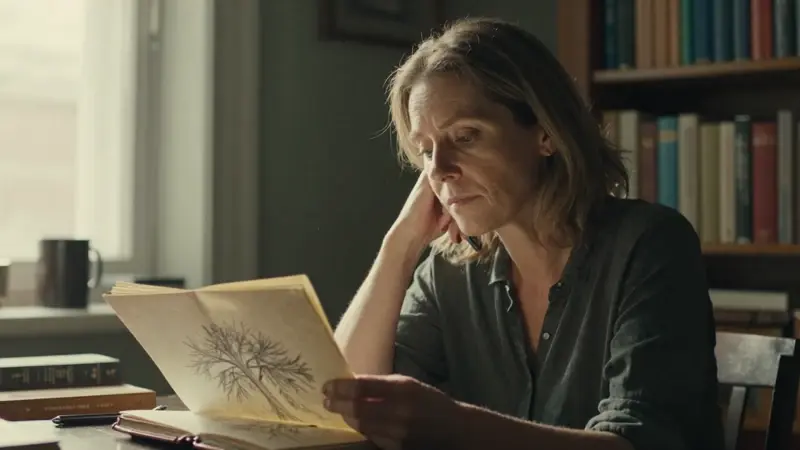 Mujer madura en estudio iluminado por el sol, con estanterías llenas de libros al fondo, observa un dibujo a lápiz de un árbol en un diario de cuero desgastado.