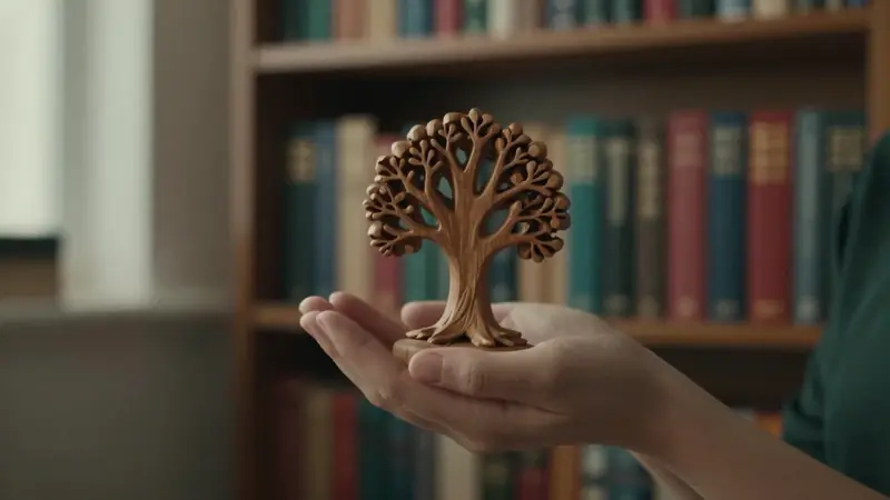 Manos sosteniendo delicadamente una escultura de madera con forma de árbol, en un ambiente de estudio cálido y sereno lleno de libros sobre psicología y mitología.