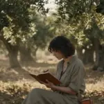 Mujer dibujando en un cuaderno en un antiguo olivar bañado por la luz del sol, con tonos ocres y verdes oliva.