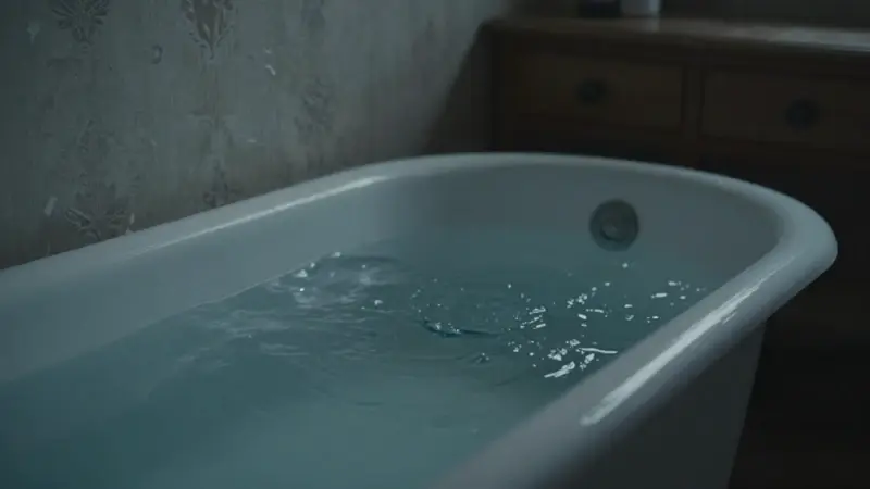 Dormitorio inundado con agua, con una bañera desbordada y un ambiente melancólico y sombrío.