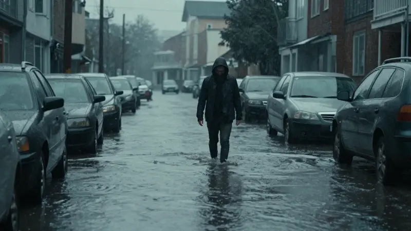 Calle inundada con coches sumergidos bajo un cielo nublado y una figura solitaria caminando en el agua.