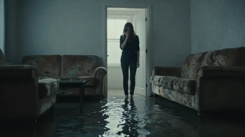 Salón inundado con agua, muebles dañados y una mujer silueteada en la puerta, transmitiendo una atmósfera melancólica y de angustia.