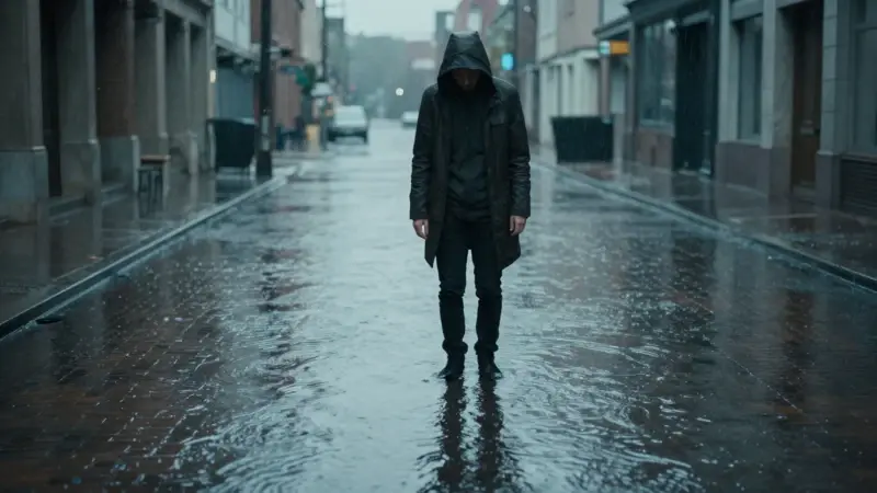 Calle inundada con edificios reflejados bajo un cielo nublado, y una persona solitaria de pie en el agua hasta las rodillas, mirando hacia abajo.