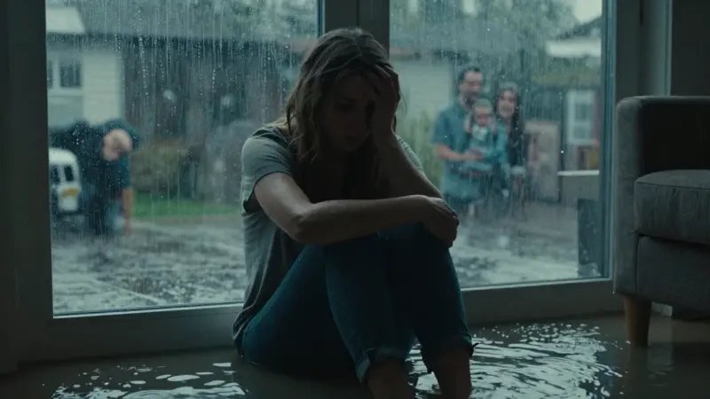 Mujer sentada en el suelo de una sala inundada, con expresión de angustia y agua hasta las rodillas. La luz tenue revela un ambiente doméstico melancólico y fotografías familiares borrosas bajo el agua.