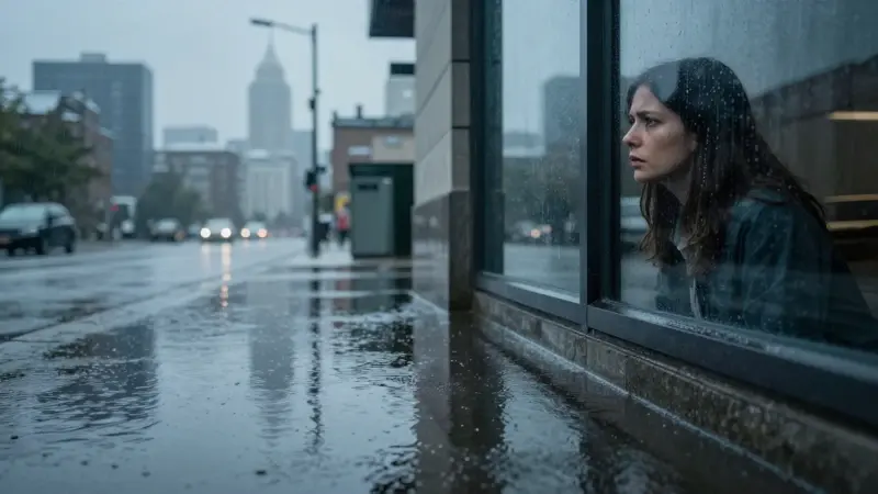 Ciudad inundada reflejada en el agua, con una mujer observando preocupada desde una ventana.
