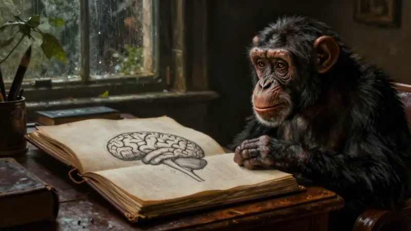 Un chimpancé observa detenidamente un dibujo anatómico del cerebro de un primate sobre un escritorio antiguo en un estudio tenuemente iluminado.