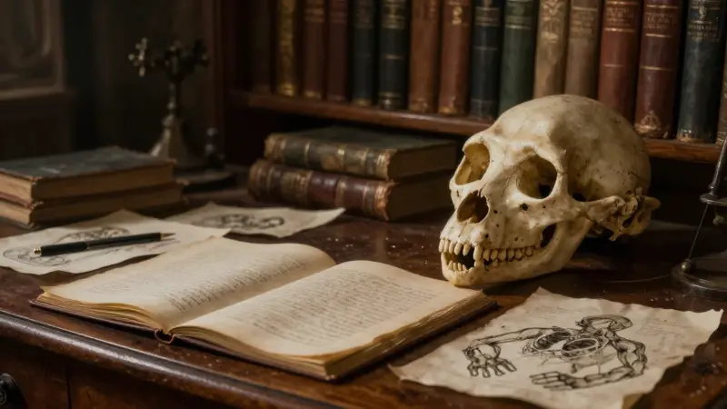 Craneo de chimpancé sobre un escritorio antiguo lleno de libros y dibujos anatómicos, en un estudio tenuemente iluminado y de ambiente melancólico.