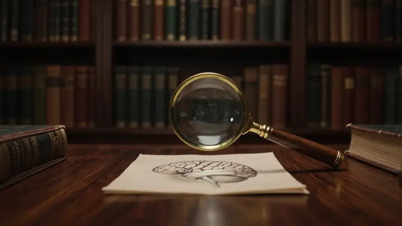 Estudio antiguo tenuemente iluminado con estanterías repletas, donde una lupa antigua enfoca una ilustración anatómica detallada del cerebro de un mono.