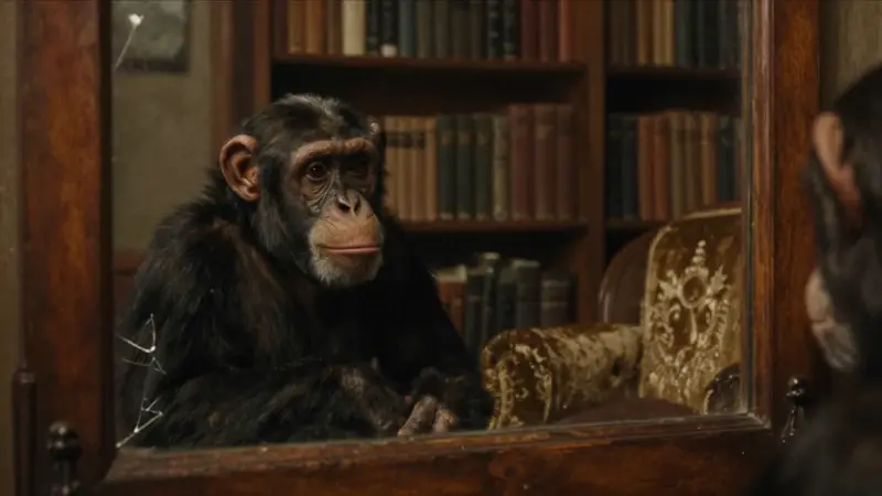 Chimpancé solitario mirando su reflejo en un espejo antiguo y agrietado, en un estudio con estanterías llenas de libros y ambiente melancólico.