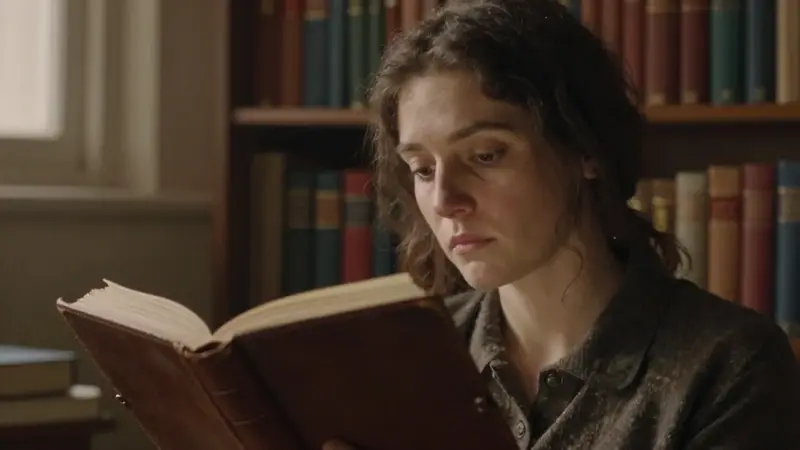 Mujer pensativa estudiando apuntes sobre análisis de sueños en una biblioteca con tonos cálidos y tenue iluminación.