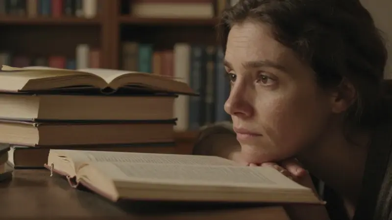 Mujer pensativa en un estudio con libros sobre análisis de sueños y primates, evocando una atmósfera melancólica y contemplativa.