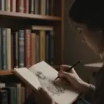 Mujer dibujando un mono en un cuaderno dentro de un estudio lleno de libros, con una atmósfera melancólica y luz tenue.