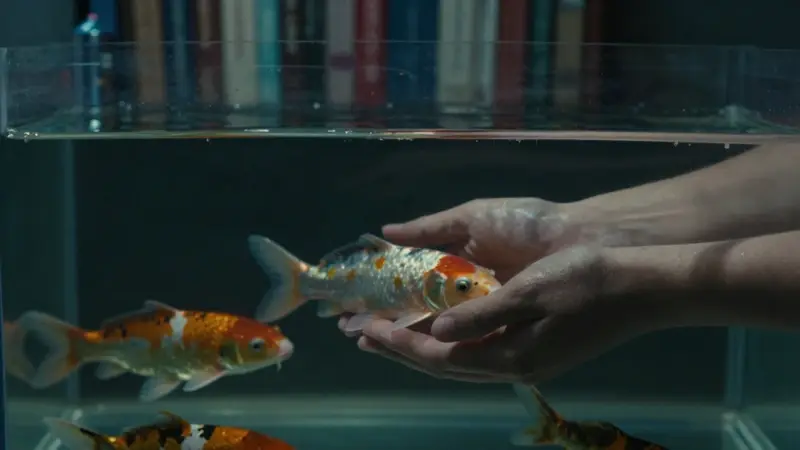 Manos sostienen delicadamente peces koi iridiscentes en agua turbia de un acuario, con estanterías borrosas al fondo en una iluminación tenue y melancólica.