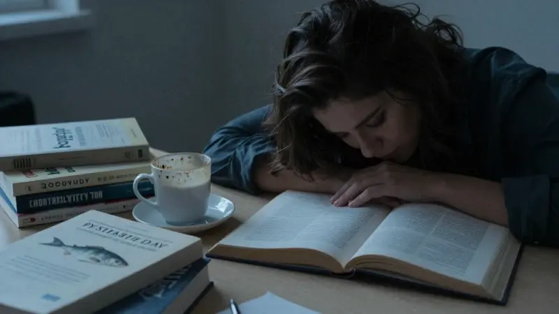 Mujer frustrada estudiando interpretación de sueños sobre peces en un desordenado escritorio con libros de psicología y una taza de café a altas horas de la noche.