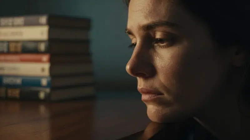 Mujer pensativa en estudio con libros de psicología, evocando un ambiente de introspección y búsqueda de significado, relacionado con el análisis de sueños y el simbolismo de los peces.