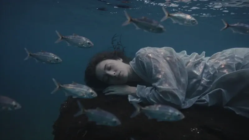 Mujer dormida rodeada de bancos de peces plateados en un ambiente submarino azul oscuro y onírico.