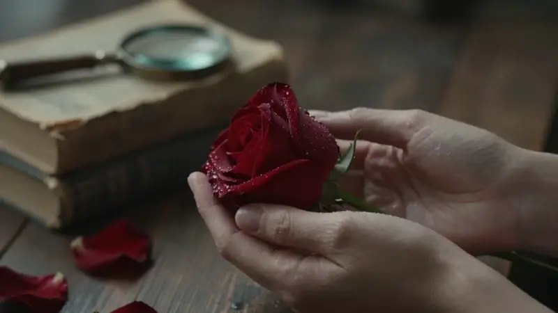 Manos sosteniendo delicadamente una rosa roja oscura cubierta de rocío, con libros antiguos y una lupa vintage borrosos al fondo. Ambiente melancólico e introspectivo.