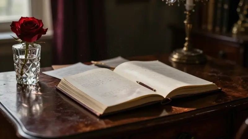 Escritorio antiguo de madera con páginas de un diario de sueños y una rosa roja carmesí en un jarrón de cristal, bajo una luz tenue y melancólica.