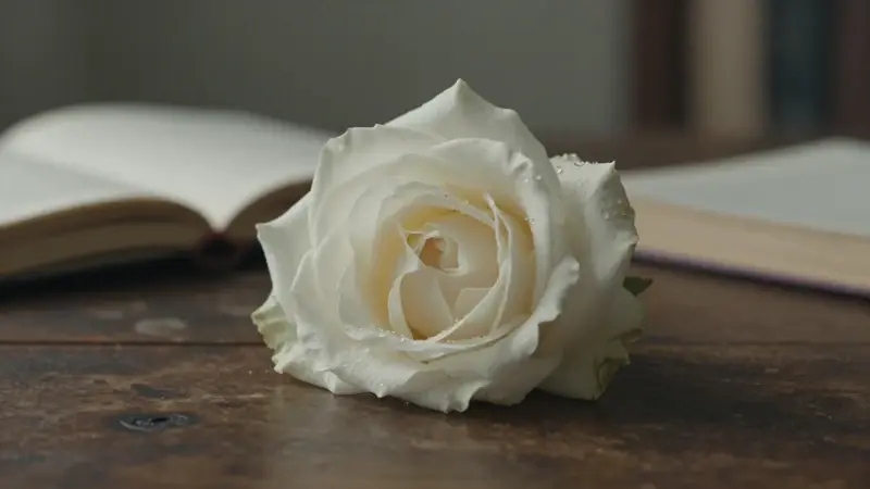 Rosa blanca en primer plano, con gotas de rocío, sobre un fondo borroso de un estudio antiguo con cuadernos de sueños.