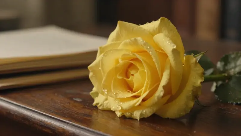 Rosa amarilla aterciopelada con gotas de rocío sobre un escritorio antiguo rodeado de diarios de sueños, iluminada por una luz dorada tenue.