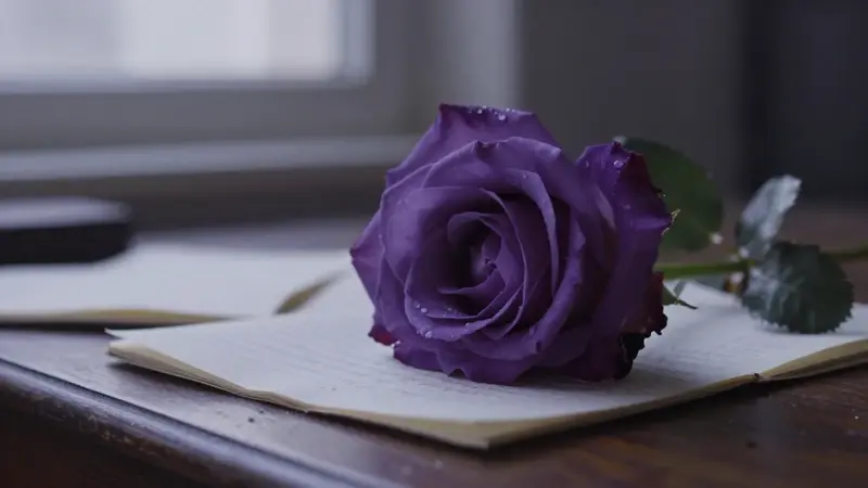 Rosa morada en plena flor sobre un escritorio antiguo con hojas de diario de sueños, iluminada por luz suave de ventana. Ambiente introspectivo y melancólico.