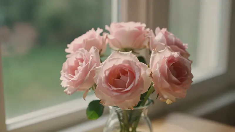 Rosas rosadas en jarrón de cristal sobre un alféizar iluminado por el sol, con un jardín desenfocado al fondo.