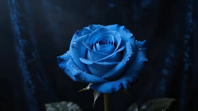Rosa azul luminosa sobre fondo de terciopelo oscuro, con iluminación dramática y gotas de rocío. Fotografía de estudio hiperrealista.