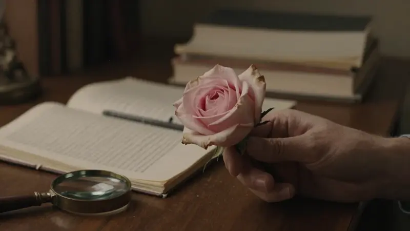 Mano sosteniendo una rosa pálida y ligeramente marchita sobre un escritorio con cuadernos de sueños y una lupa antigua, en una atmósfera melancólica y académica.