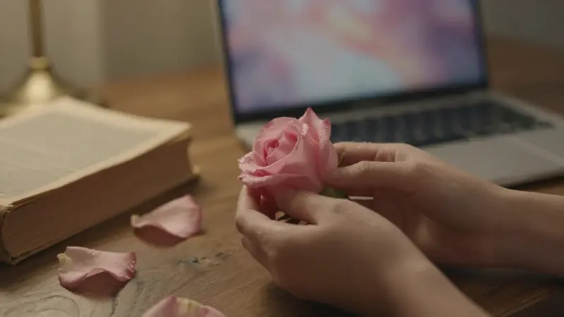 Manos sosteniendo delicadamente una rosa rosa cubierta de rocío, con libros antiguos y una laptop con imágenes oníricas borrosas en el fondo.