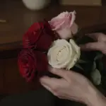 Manos sosteniendo delicadamente rosas de varios colores sobre un escritorio de madera antigua, con iluminación tenue y ambiente melancólico.