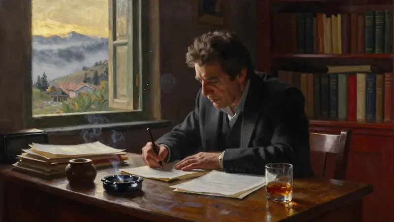 Mario Vargas Llosa escribiendo en su estudio, rodeado de libros y papeles, con una vista andina brumosa por la ventana. Estilo pictórico realista y melancólico.