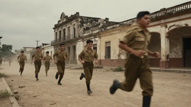 Adolescentes uniformados huyen a través de calles polvorientas de Lima en la década de 1960, con arquitectura colonial en ruinas y un ambiente opresivo de encierro.