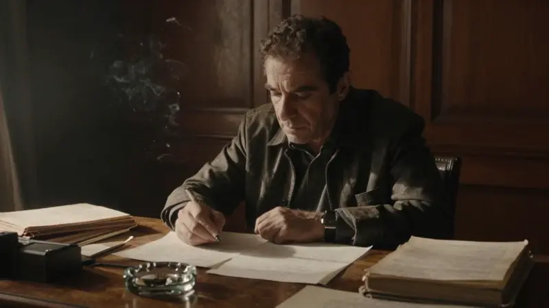 Mario Vargas Llosa, representado como un hombre de mediana edad, absorto en la escritura en un estudio antiguo y lleno de libros, con una atmósfera melancólica y una sutil distorsión que evoca un estado onírico.