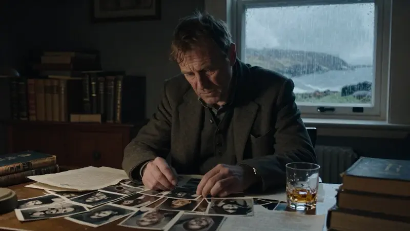 Un hombre de mediana edad, con rasgos celtas y aspecto cansado, examina fragmentos de retratos fotográficos en un estudio antiguo con estanterías llenas de libros. La escena, iluminada de forma dramática, transmite una atmósfera melancólica y de introspección, con una ventana que muestra una costa irlandesa desolada bajo la lluvia.