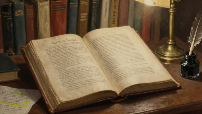 Libro abierto de Vargas Llosa sobre sueños, rodeado de notas y libros en un estudio antiguo con luz tenue.