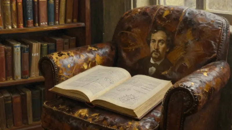 Estanterías polvorientas de una biblioteca a última hora de la tarde, con un sillón de cuero desgastado y un libro abierto mostrando diagramas complejos. Ambiente contemplativo que evoca el estudio de los sueños y el subconsciente, con una sutil referencia al escritor peruano Vargas Llosa.