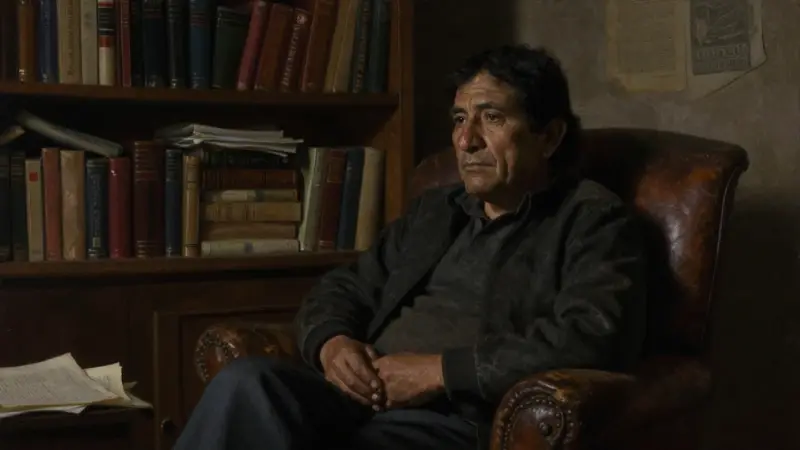Escritor peruano en estudio con estanterías repletas de libros, iluminado tenuemente en una atmósfera melancólica y contemplativa.