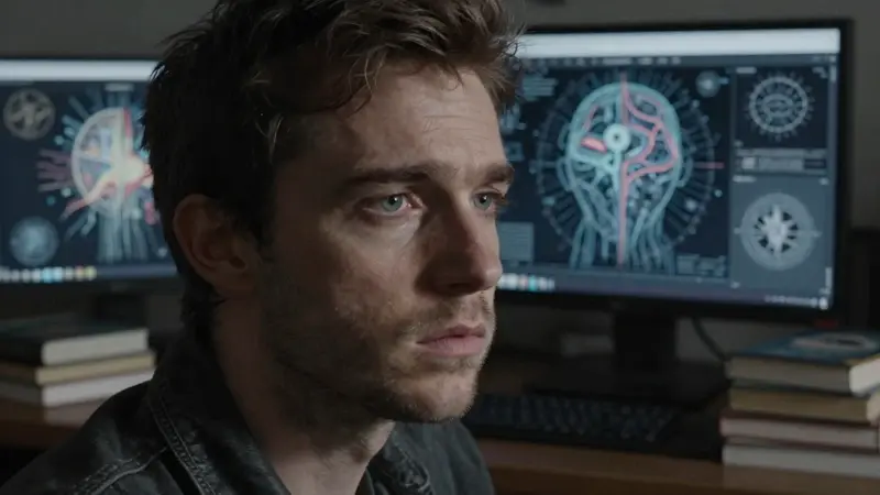 Retrato de un hombre joven y cansado trabajando en un estudio lleno de pantallas con imágenes de sueños y diagramas neurológicos, rodeado de libros sobre psicología y mitología.