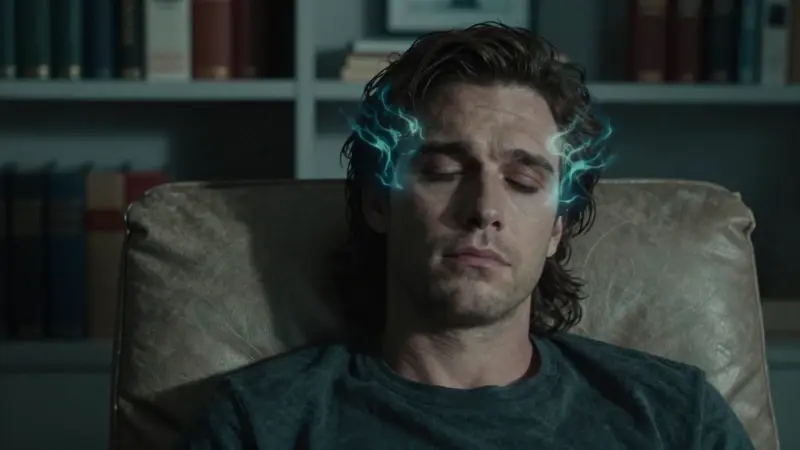 Retrato de Sleepwalker, superhéroe de Marvel, con energía onírica emanando de sus sienes, en un consultorio psicológico con estanterías llenas de libros sobre análisis de sueños y psicología freudiana.